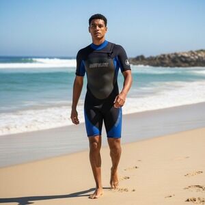 Body Glove Mens Size L Short Sleeve Wetsuit Full Zip Black Blue Diving Surfing